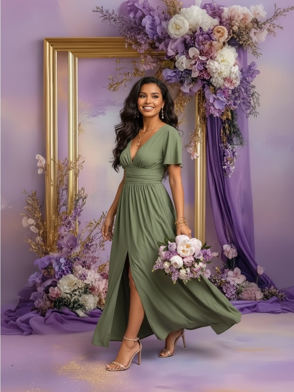 Green Maxi Dress with Flutter Sleeves and V-Neck